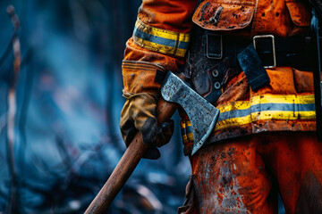 Firefighter with axe in hand closeup - obrazy, fototapety, plakaty