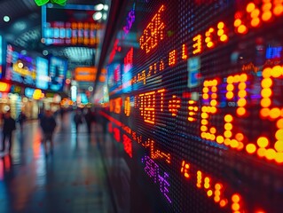 Fototapeta premium Vibrant Neon-Lit Urban Scene with Digital Market Data Displays