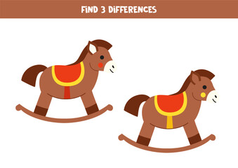 Find 3 differences between two cute cartoon rocking horses.