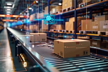 Automated warehouse with cardboard boxes on conveyor belts and digital interfaces