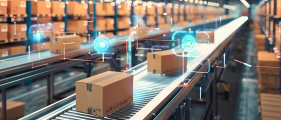 Automated warehouse with cardboard boxes on conveyor belts and digital interfaces