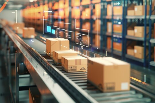 Automated warehouse with cardboard boxes on conveyor belts and digital interfaces