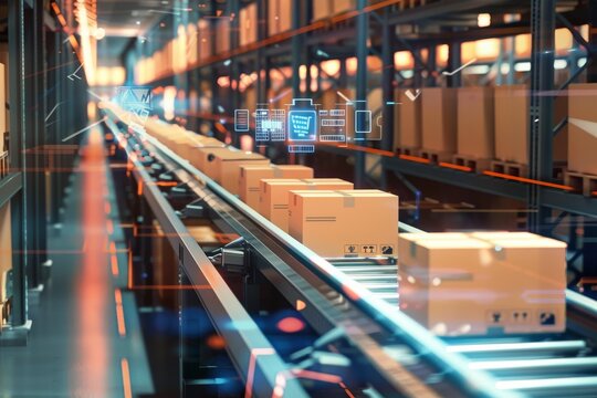 Automated warehouse with cardboard boxes on conveyor belts and digital interfaces
