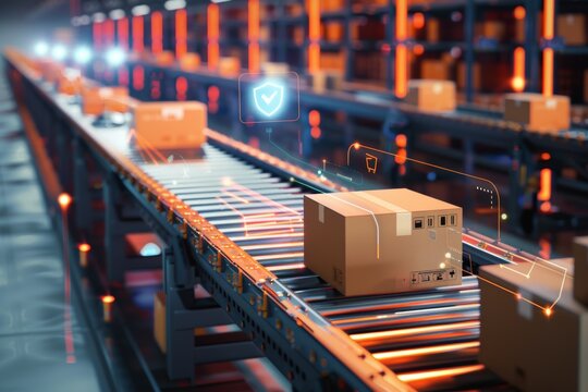 Automated warehouse with cardboard boxes on conveyor belts and digital interfaces