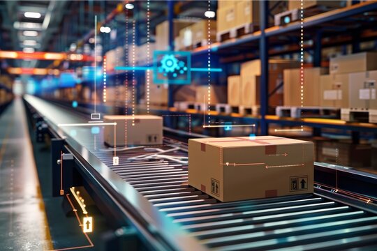 Automated warehouse with cardboard boxes on conveyor belts and digital interfaces