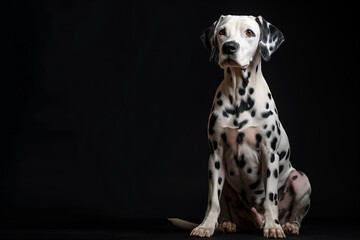 Dalmatian dog, The Dalmatian dog sits on the floor, 100% black studio background, slight down angle, studio lighting, full body shot, ultra realistic