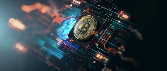 Futuristic city street with digital bitcoin projection and pedestrians