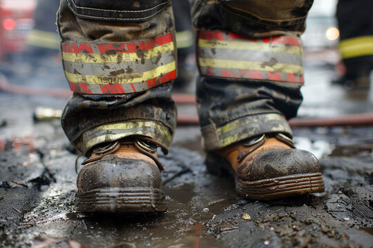 Firefighters boots standing firm closeup