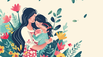 Vector Illustration Of Mother Holding Baby Son or dau