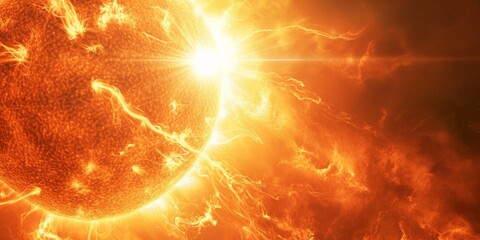 solar surface with powerful bursting flares and star protuberances erupting with magnetic storms and plasma flashes.