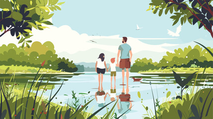 Happy family near river on summer day Vector illustration