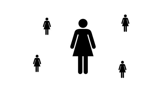 Zoom in and out animation the woman symbol. Large black symbol in the center and four small symbols around. Seamless looped 4k animation on white background