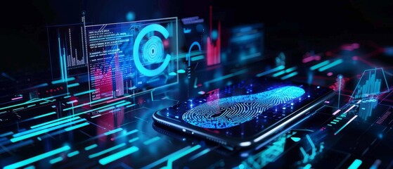 Futuristic digital dashboard interface with data analysis and holographic elements