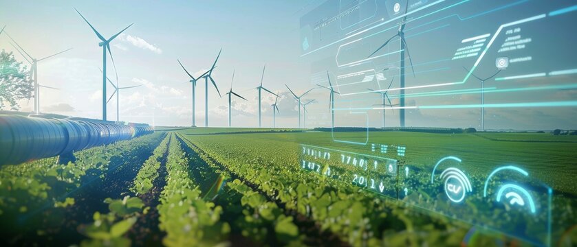 Futuristic agricultural landscape with wind turbines and digital overlays