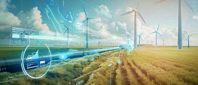 Futuristic agricultural landscape with wind turbines and digital overlays