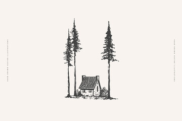 Small cozy house in the forest. Three tall firs and a tiny house in engraving style. Design element for postcards, books, textiles. Vector illustration on light isolated background.