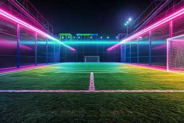 Floodlit Soccer Field with Neon Ambiance A floodlit soccer field at night with a neon ambiance, ideal for evening match promotions, sports facility advertisements 