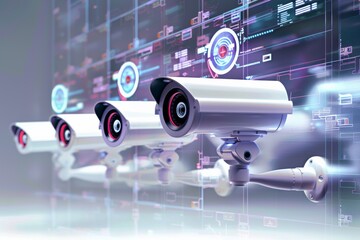 Futuristic surveillance cameras on a digital technology background