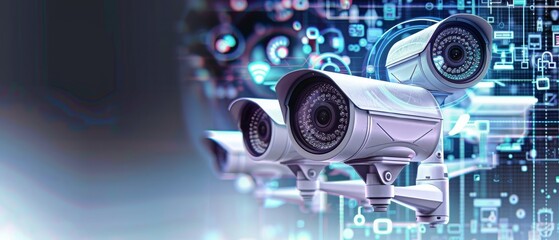 Futuristic surveillance cameras on a digital technology background