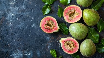 Fresh Guava on dark background. Fruit. Vitamin. Healthy. Exotic. Copy space.