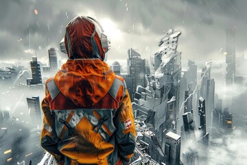 Illustrate a post-apocalyptic nomad adorned in tattered, patchwork garments, standing defiantly atop a crumbling skyscraper Emphasize the contrast between their rugged appearance and the urban decay b - obrazy, fototapety, plakaty