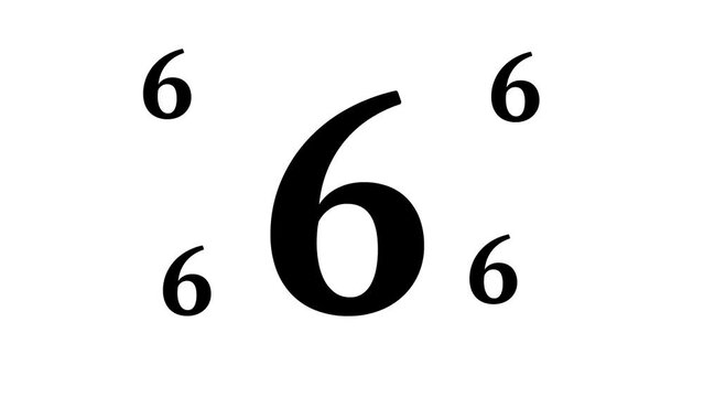 Zoom in and out animation the number six symbol. Large black symbol in the center and four small symbols around. Seamless looped 4k animation on white background