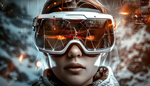 Illustrate the chilling encounter of futuristic technologies entwined with horror thrills from an eye-level perspective Implement unexpected camera angles to intensify the eerie ambiance, resulting in