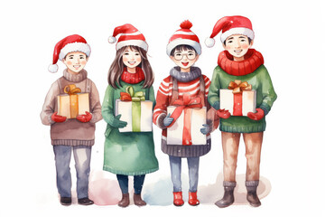 Four joyful children, dressed in colorful winter clothing and Santa hats, hold hands in a watercolor illustration capturing the innocence and happiness of the holiday season.