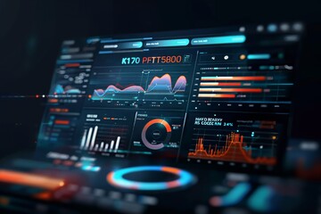 Futuristic control panel with glowing dials and graphs