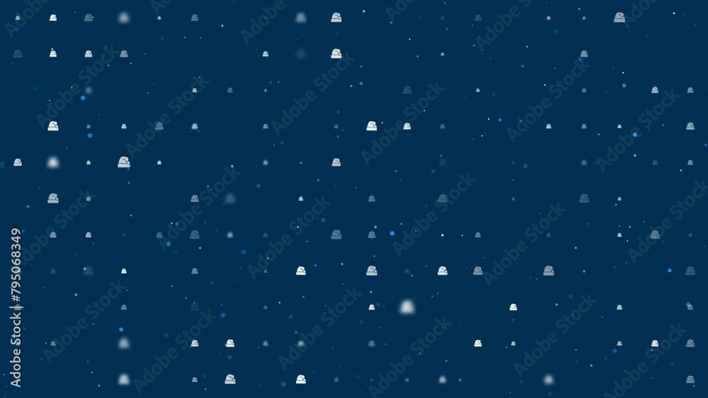 Poster template animation of evenly spaced santa claus hat symbols of different sizes and opacity. animatio