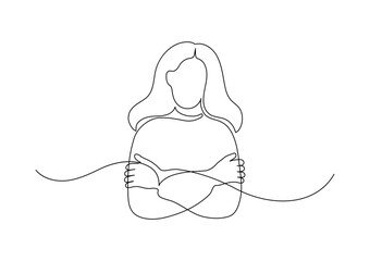 Woman embracing herself. Selfcare, psychological concept. Continuous line drawing.
