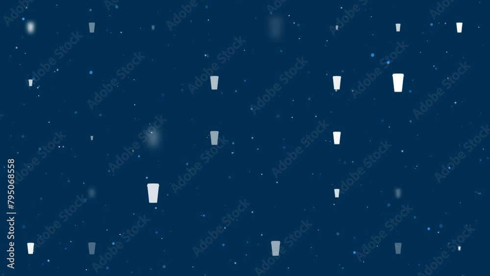 Poster template animation of evenly spaced paper coffee cups of different sizes and opacity. animation of t