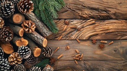 Christmas themed background with a fir tree pine cones and firewood on a wooden table
