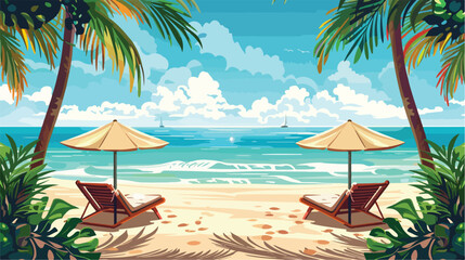 View of tropical beach with sun umbrellas and lounger