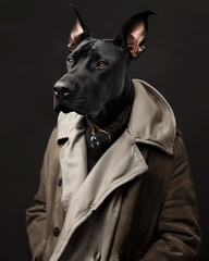 A charismatic Doberman dog posing as a boss, classy and stylish, dressed like a masculine and tough human gangster