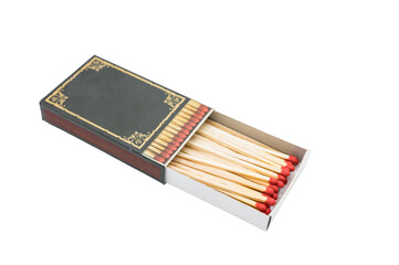 Detail of a box of classic style matches on a white background