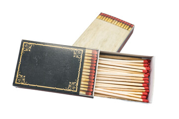 Detail of a box of classic style matches on a white background