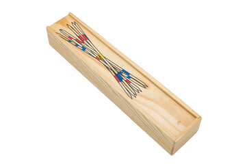 Detail of the wooden box of the classic mikado board game on white background