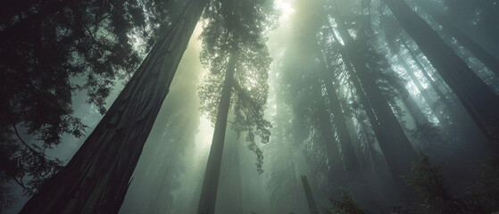 Majestic ancient redwoods stand tall and mysterious in a foggy primeval forest landscape scene.