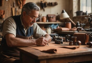 Skilled craftsman concentrating on woodwork in a workshop. Artisanal craftsmanship and detail.