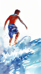 Guy on sup board in sea. Blue sky, sun shining. Bright clean watercolor illustration on white background.