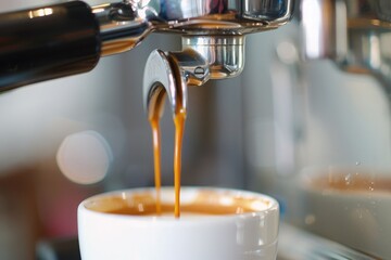 Close up of espresso pouring from coffee machine into a cup in cafe