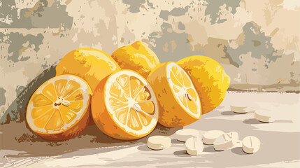 Vitamin C effervescent tablets and lemons on beige gr - obrazy, fototapety, plakaty
