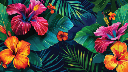 Wallpaper of tropical flowers green leaves of palm tr