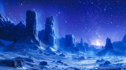Foto auf Acrylglas Dunkelblau Fantasy Space Landscape, Alien Planet Exploration, Cosmic Mountains and Blue Sky