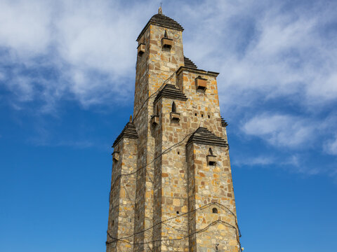 A memorial structure in the form of 9 Ingush towers assembled together, dedicated to the victims of repression and genocide in the city of Nazran. The Nine Towers Memorial