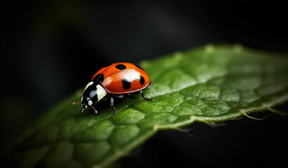 /imagine A tiny ladybug crawling along the edge of a leaf, its red and black spots standing out vividly.