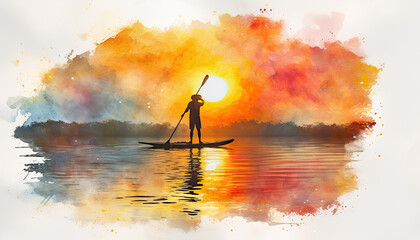 Man on sup board in sea. Orange sky, sun shining. Bright clean watercolor illustration on white background.