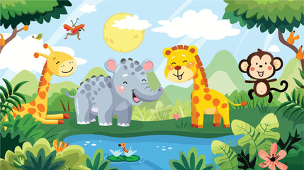Obraz na płótnie Canvas Wild animals with landscape - cute cartoon illustration