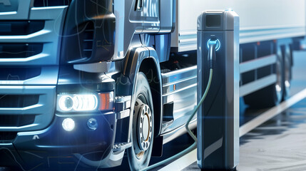 copy space, Stockphoto, copy space, modern truck charging on an electric charging point. Detail view of an electrical truck, renewable energy theme. Clean green energy, zero waste.